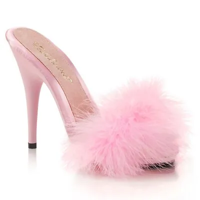 UK 6 Pleaser Fabulicious Poise-501F Baby Pink 5  Heel Marabou Fur Slides • £45