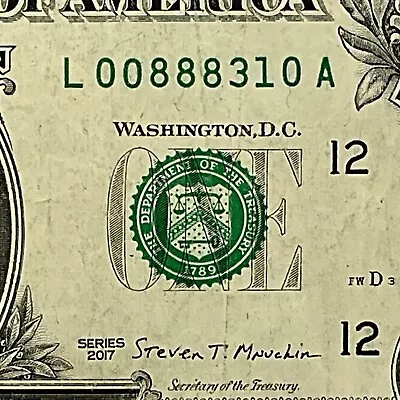 Full House Fancy Serial Number 2017 One Dollar Bill L00888310A FW Print 0s 8s • $3.95