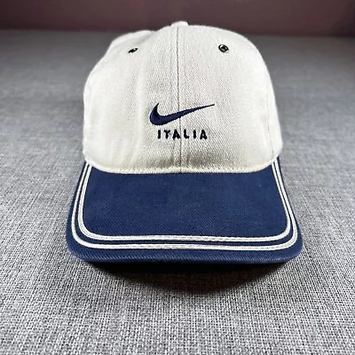 Vintage Nike Italia Hat Cap Adjustable Swoosh Blue Beige Italy Embroidered Brim • $33.99