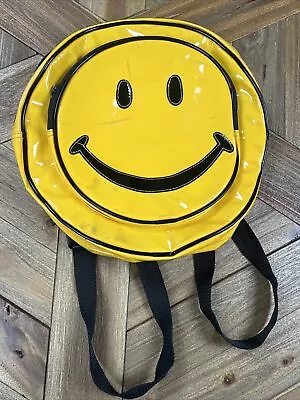 VTG Smiley Yellow Vinyl Backpack 90’s Romar International Don’t Worry Be Happy • $69.97