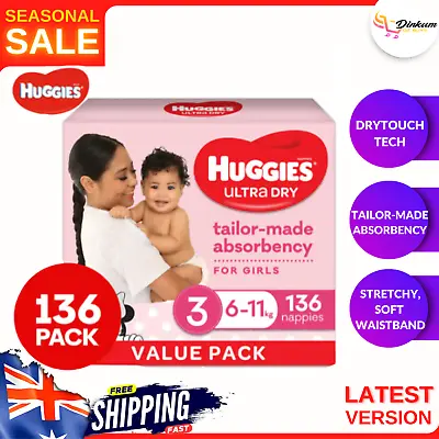 $70.82 • Buy Huggies Ultra Dry Nuppies Size 3 6-11kg Girls' Nappies 136pk Contents