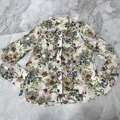 H&M Top Botanical Floral Print Chiffon Blouse Ruffle Button Down Size 4 Small • $14.99