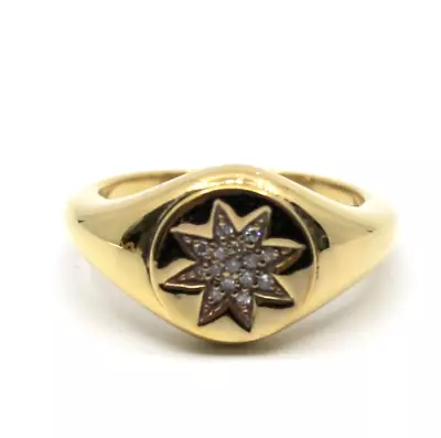 14K Solid Yellow Gold Starburst Pinky Signet Ring With Natural Diamond Sz 4 • $319.99