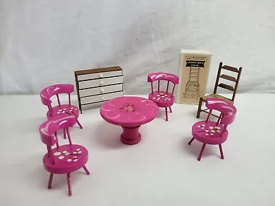 Vintage Made In Japan Doll House Wood Pink Kitchen Table Chairs  Drawer & Chair • $28.88