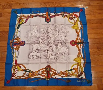 Authentic Vintage Gucci Trophy Fox Hunting Silk Scarf 33”x33  UnUsed Ref697 • $99.99