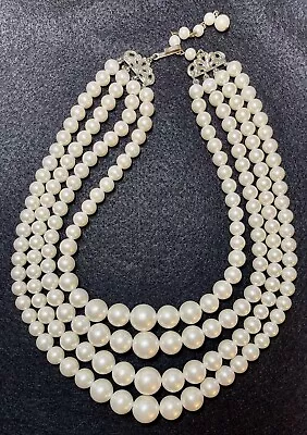 Vintage 4-Strand Faux Pearl Necklace Silver Clasp W Rhinestones Marked Japan • $25