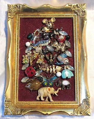 Vintage Jewelry Christmas Tree Animals Framed Picture Art OOAK  7  X 5  (6) • $85