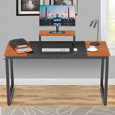 Computer Desk With Monitor Riser - Modern Home Office Table Brown Nature • $60.97