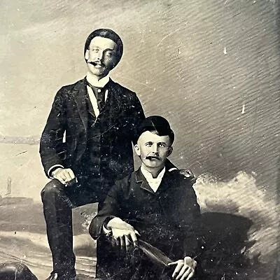 Antique Tintype Photograph Handsome Affectionate Men Bowling Hats & Cigars • $134.95