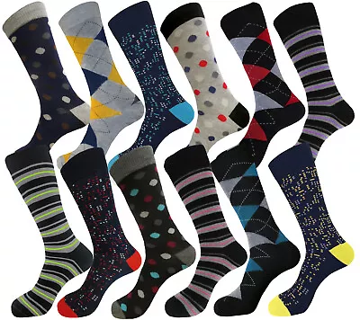 12 Pair Dress Socks POLKA DOT STRIPED DIAMOND ARGYLE Cotton Socks 10-13 • $20.45