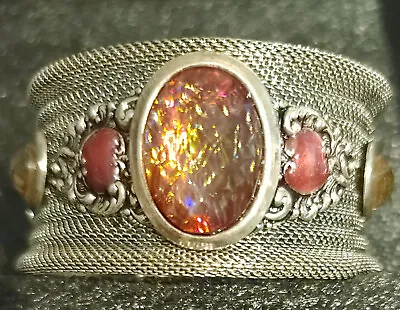 Vintage Chico's Mesh Bracelet Iridescent Opal-like Stone & Enamel On SilverTone • $14