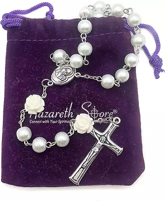 Nazareth Store Pure White Pearl Beads Rosary Necklace Rose Lourdes Medal & Cros • £14.99