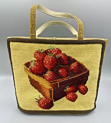 Vintage Needlepoint HANDBAG PURSE BAG W/ STRAWBERRIES  Woven • $19.95