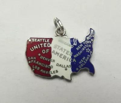 Vintage Wells Sterling Silver & Enamel God Bless America Map Charm • $19.95