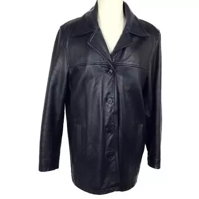 Oakwood Leather Womens L Button Up Jacket Relaxed LS Pockets Winter Liner Black • £52.11