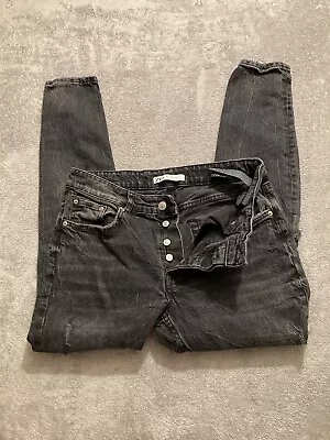 Zara Mens Button Fly Distressed Black Jeans Skinny Slim Fit Sz Tag 34 (31X28) • $24.77