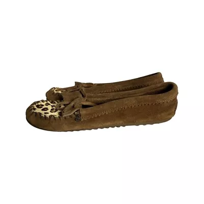 Minnetonka Moccasins Women’s Size 8.5 Kiltie Leopard Brown Soft Suede Shoes • $22.99