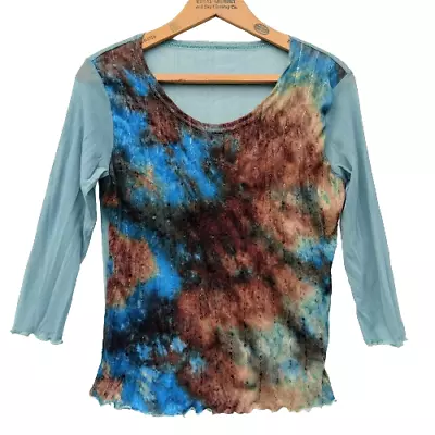 Vintage Y2K Tie Dye Mesh Top Size S Stretch Semi Sheer Blue Brown Whimsygoth • $14.99