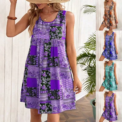 Women Floral Boho Mini Tank Dress Ladies Vintage Sleeveless Swing Beach Sundress • $20.59