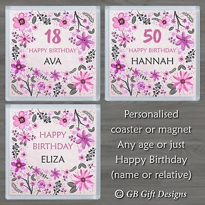 Personalised Birthday Coaster Or Magnet Flowers Floral Any Age & Name Gift Pink • £4.25