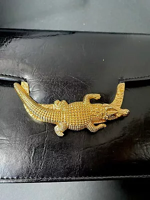 VTG Satchel Purse W Gold Alligator Crocodile Magnetic Clasp Black • $49