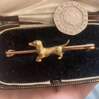 Heavy Antique Edwardian Vintage 9ct Gold Sausage Dog Dachshund Brooch Pin - RARE • £315