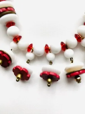 Vintage Czech Glass Bead And  Wooden Red Flower Bead Necklace (2291) • $17.60