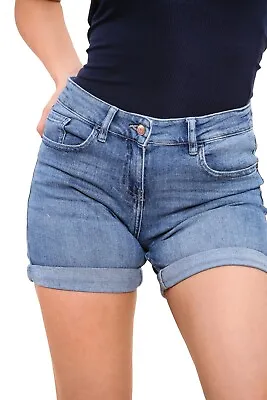 Womens Denim Shorts Boyfriend Stretchy Mid Rise Ladies Hot Pants Size UK 8-22 • £10.99