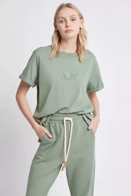 Aje Ladies Classic Stone T-Shirt Oversize Rolled Cuffs Sleeve Cotton Tee Top XS • $49.99