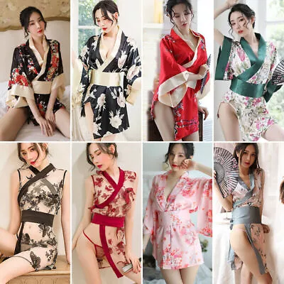 Sexy Japanese Kimono Lingerie Floral Silky Bathrobe Nightdress Costume Cosplay • £15.59