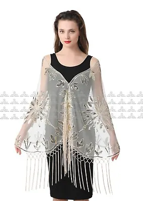 Lady 1920s Sequin Gatsby Bridal Wedding Evening Wraps Cape Shrug-PJ24 • £10.99