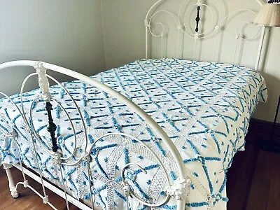 1950s Vintage Retro Chenille & Linen Bedspread Full Blue White Cottage Core Camp • $79.99