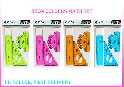 Neon Maths Set Math Flexible Ruler Protractor Square 3 PC Bright Colours School • £2.99