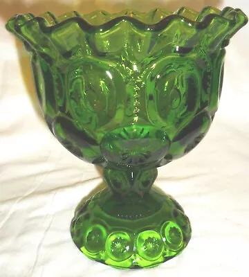 Vintage L.e. Smith Moon & Star Green Glass Crimped Rim Pedestal Compote Bowl • $12