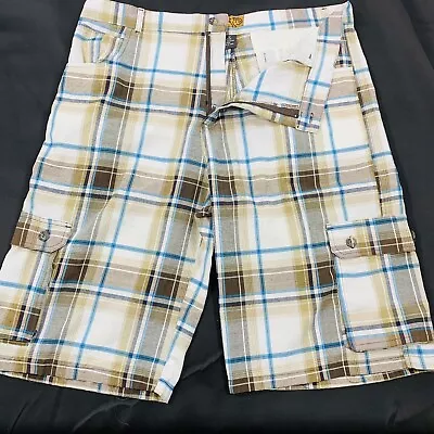 NORTH 15 White Brown Madras Plaid Flat Front Cotton Cargo Shorts Size 42x14 • $5