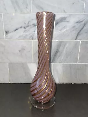 Murano Italy Venetian Hand Blown Glass Pink Latticino Gold Ribbon Bud Vase • $99