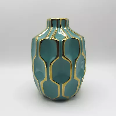 Sagebrook Home Ceramic Vase Turquoise & Gold Hexagon Design New • $34.97