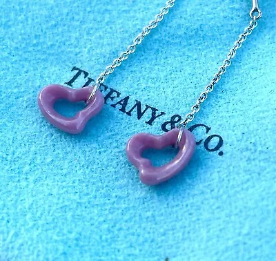 RARE Tiffany & Co. Silver Elsa Peretti Open Heart Pink Rhodonite Dangle Earrings • $500