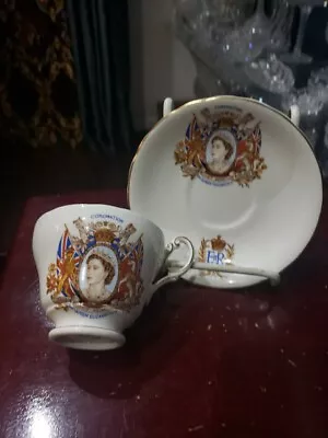 CUP SAUCER Victoria C & E Bone China England Queen Elizabeth II Coronation 1953 • $49.95