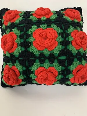 $14.99 • Buy Vintage Hand Crocheted Granny Square Christmas Colors Rose Pillow 12  Square