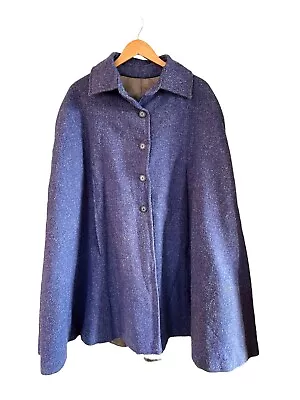 Vintage Blue Wool Poncho Cape Handmade Button Collar Lined • $24.99