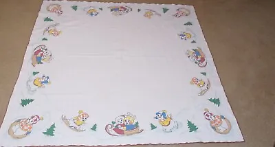 Vtg  Liquid Embroidery  Snow Kids Winter Scene Cotton Tablecloth 52 X 50 Square  • $12.99