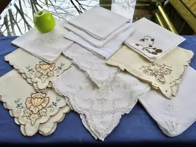 Lot 11 Vintage & Antique Linen Lunch Napkins Variety Hand Embroidery Whitework • $9.99