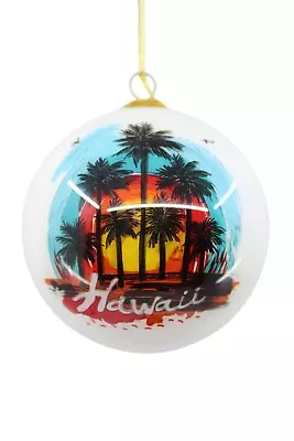 Hawaiian Christmas Ornament - Hand Painted Glass W Box - Palm Tree Sunset • $16.26