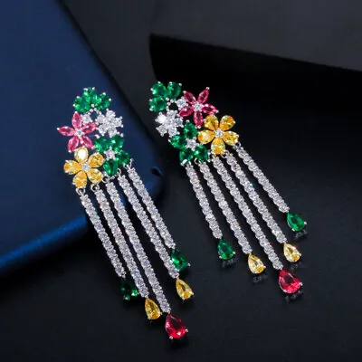 Stunning White Cubic Zirconia Bridal Multicolor Flower Long Tassel Drop Earrings • £12.31