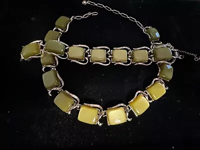 50s Vintage Coro Goldtone Avocado Green Lucite Thermoset Necklace & Bracelet Set • $19