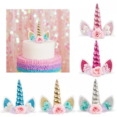 $7.36 • Buy Unicorn Cake Topper Birthday Cake Gold Topper Horn Ears Eyelash Party Decoration
