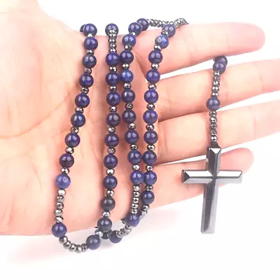 Natural Stone Lapis Glitter Stone Round Bead Cross Pendant Rosary Men Women Gift • $23.98