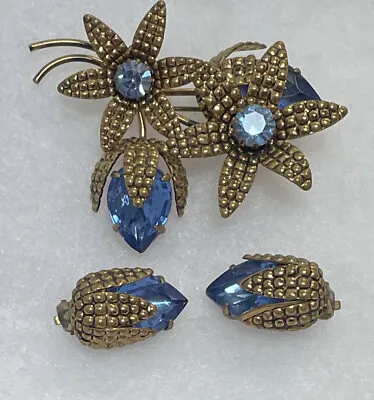 Vintage West Germany Signed Blue Rhinestone Flower Fruit Pin Brooch Earrings Set • $99.99