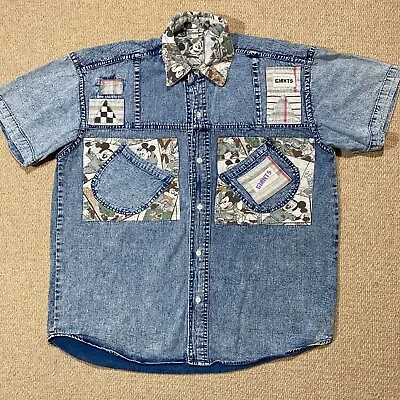 VINTAGE Mickey Mouse Denim Shirt Mens Medium Disney Patchwork Giants Acid Wash • £24.99